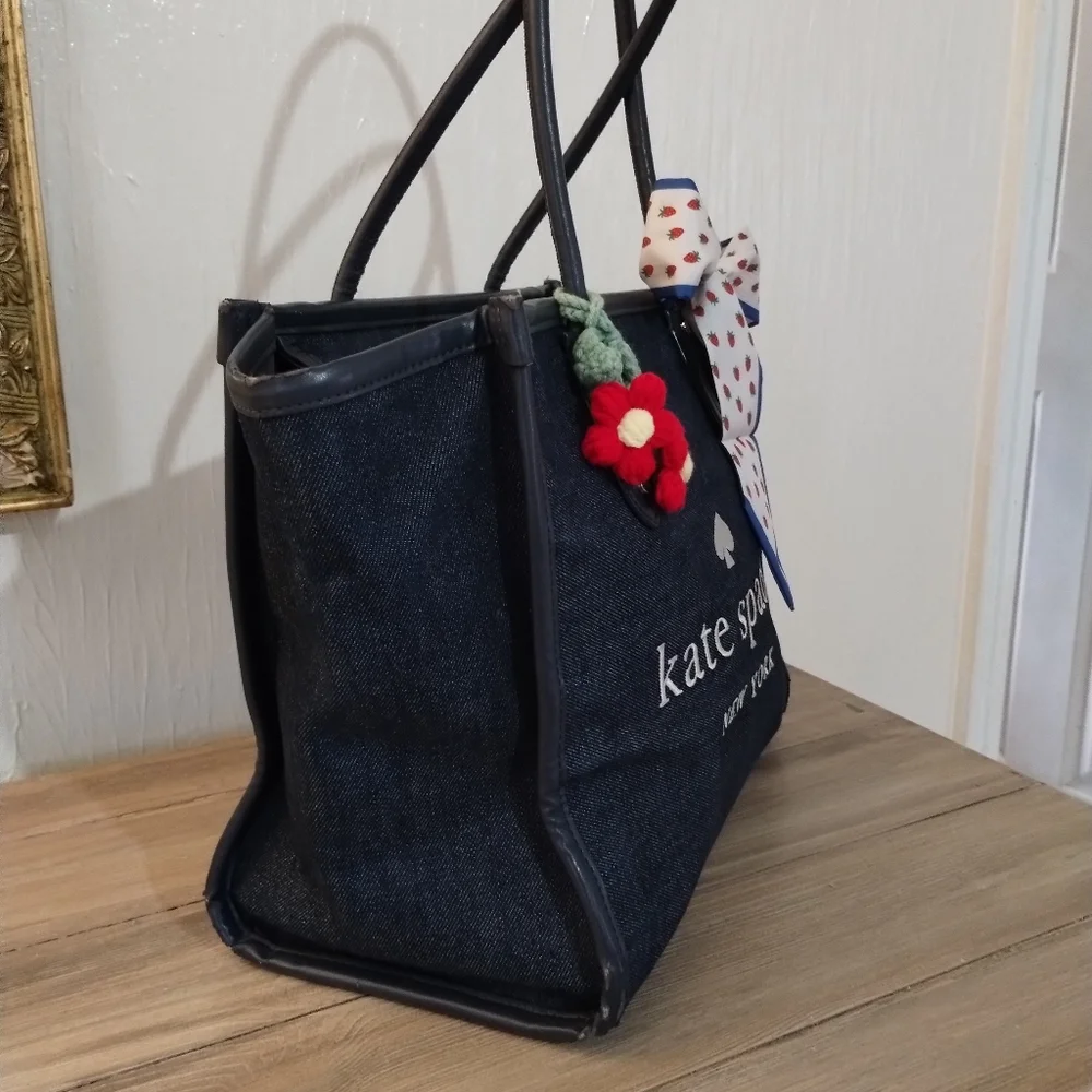 Kate Spade Ella Large Monogram Midnight Blue Denim Tote Bag - Picture 5 of 16